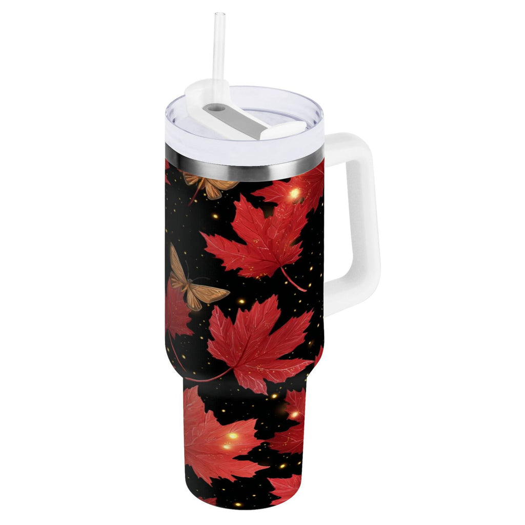 40 oz Insulated Stainless Steel Tumbler Double Wall Stainless Steel Tumbler with 2-Way Drinking Maple Leaves and Fireflies M516E