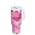 40 oz Insulated Stainless Steel Tumbler Double Wall Stainless Steel Tumbler with 2-Way Drinking Pink Butterfly Pattern M629F