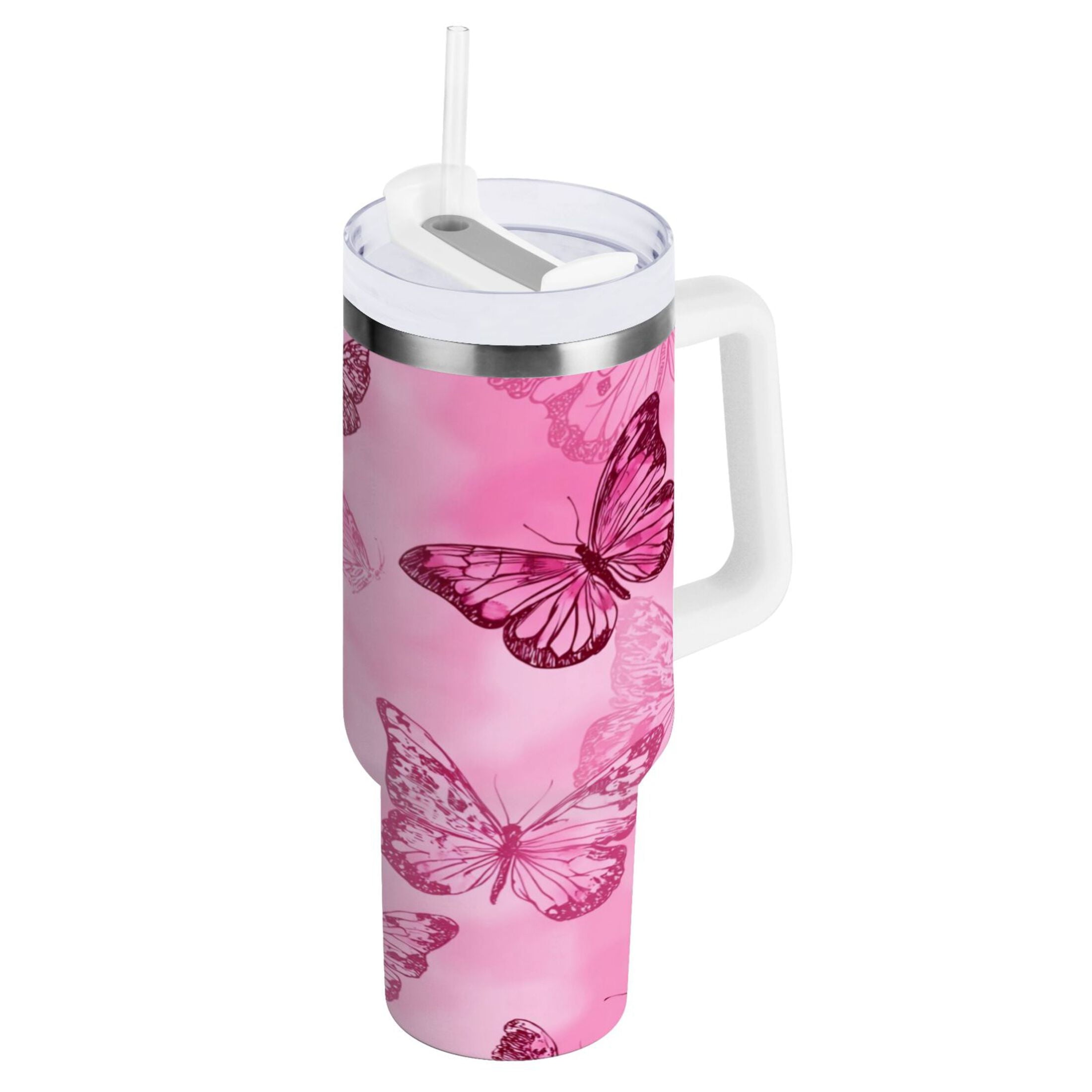 40 oz Insulated Stainless Steel Tumbler Double Wall Stainless Steel Tumbler with 2-Way Drinking Pink Butterfly Pattern M629F
