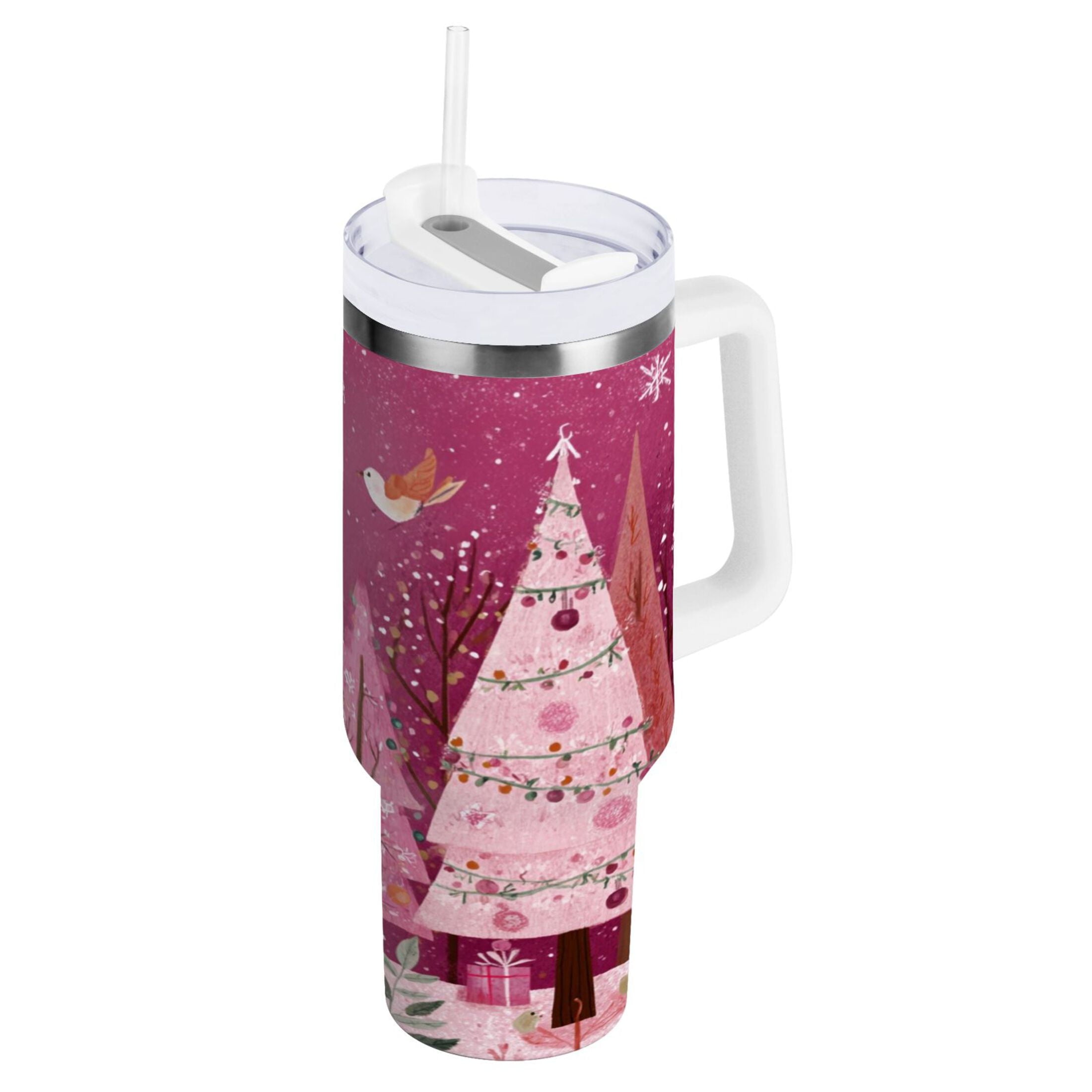40 oz Insulated Stainless Steel Tumbler Double Wall Stainless Steel Tumbler with 2-Way Drinking Pink Christmas Forest M512P
