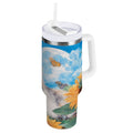 40 oz Insulated Stainless Steel Tumbler Double Wall Stainless Steel Tumbler with 2-Way Drinking Playful Cat Lying Sunflowers M549Y