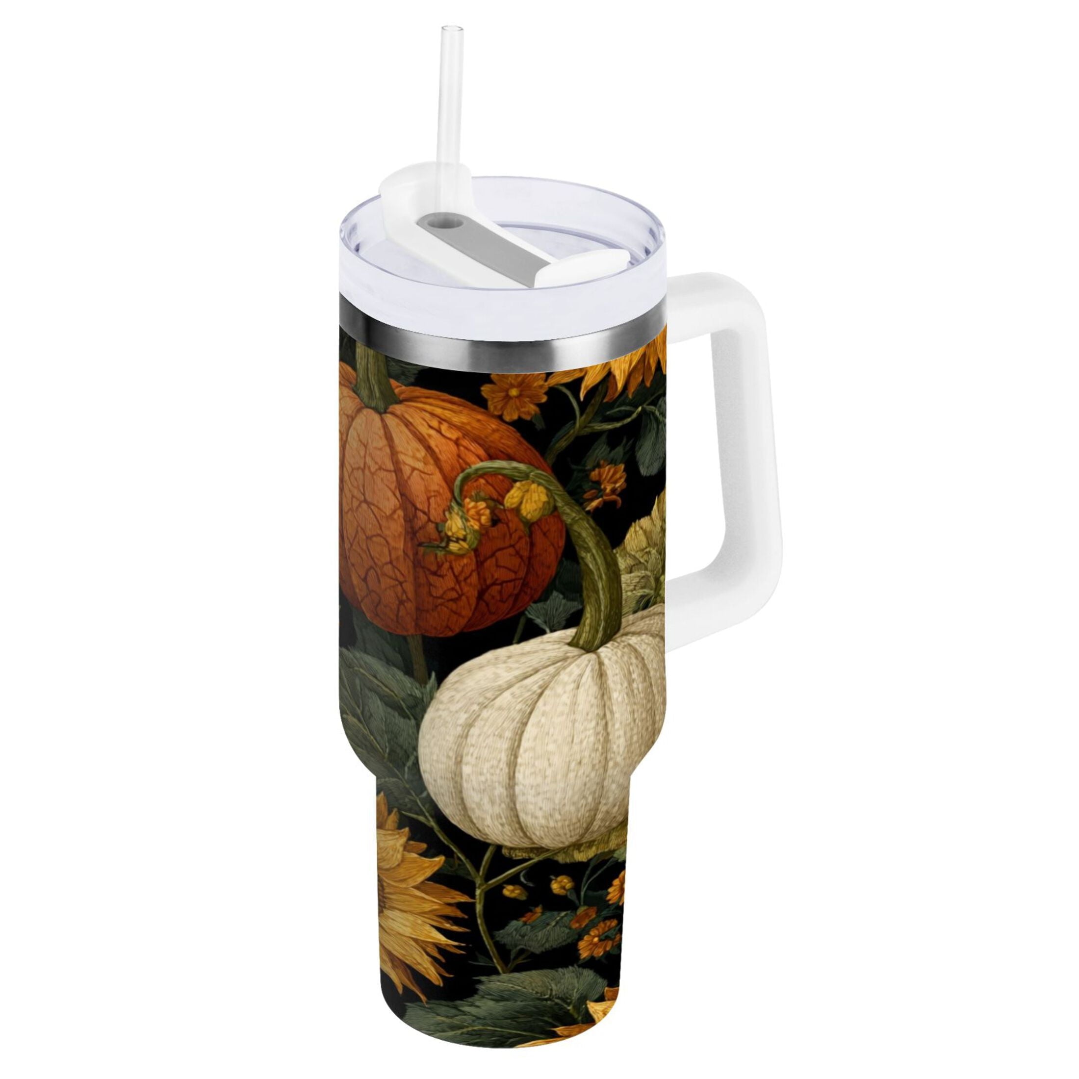 40 oz Insulated Stainless Steel Tumbler Double Wall Stainless Steel Tumbler with 2-Way Drinking Pumpkins and Sunflowers Pattern M560Y
