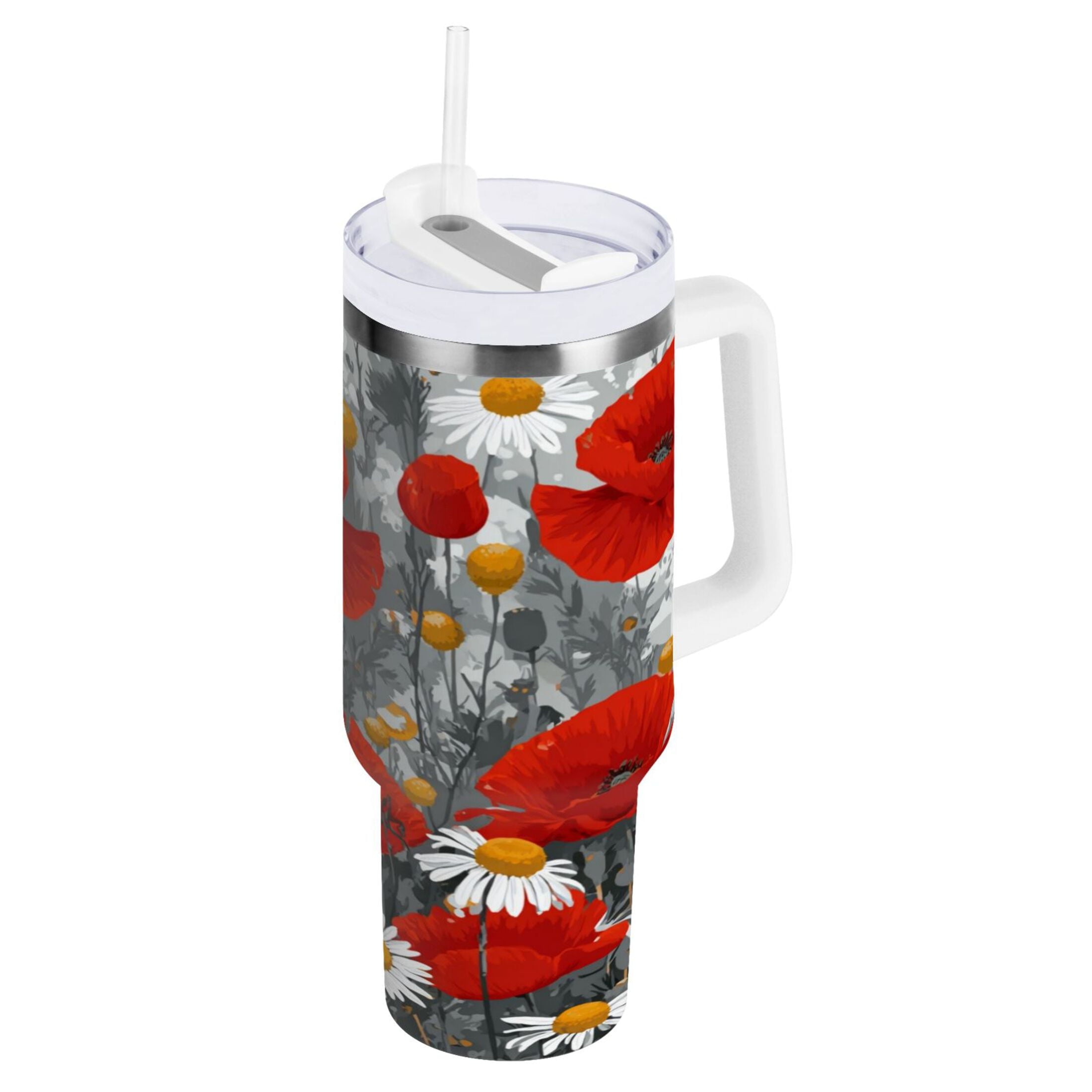 40 oz Insulated Stainless Steel Tumbler Double Wall Stainless Steel Tumbler with 2-Way Drinking Red Flowers and Daisies M498A