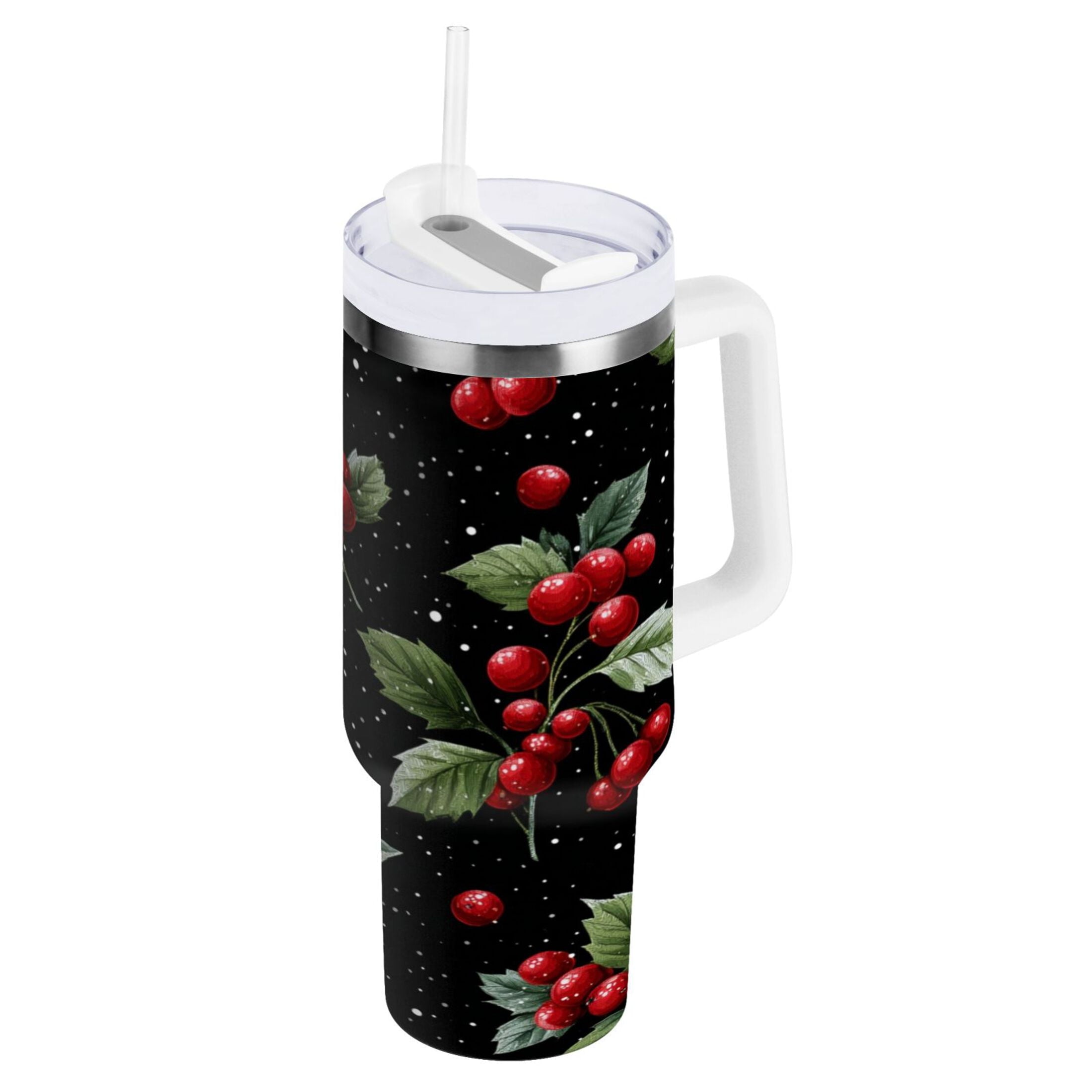 40 oz Insulated Stainless Steel Tumbler Double Wall Stainless Steel Tumbler with 2-Way Drinking Red Holly Berries Pattern M652M