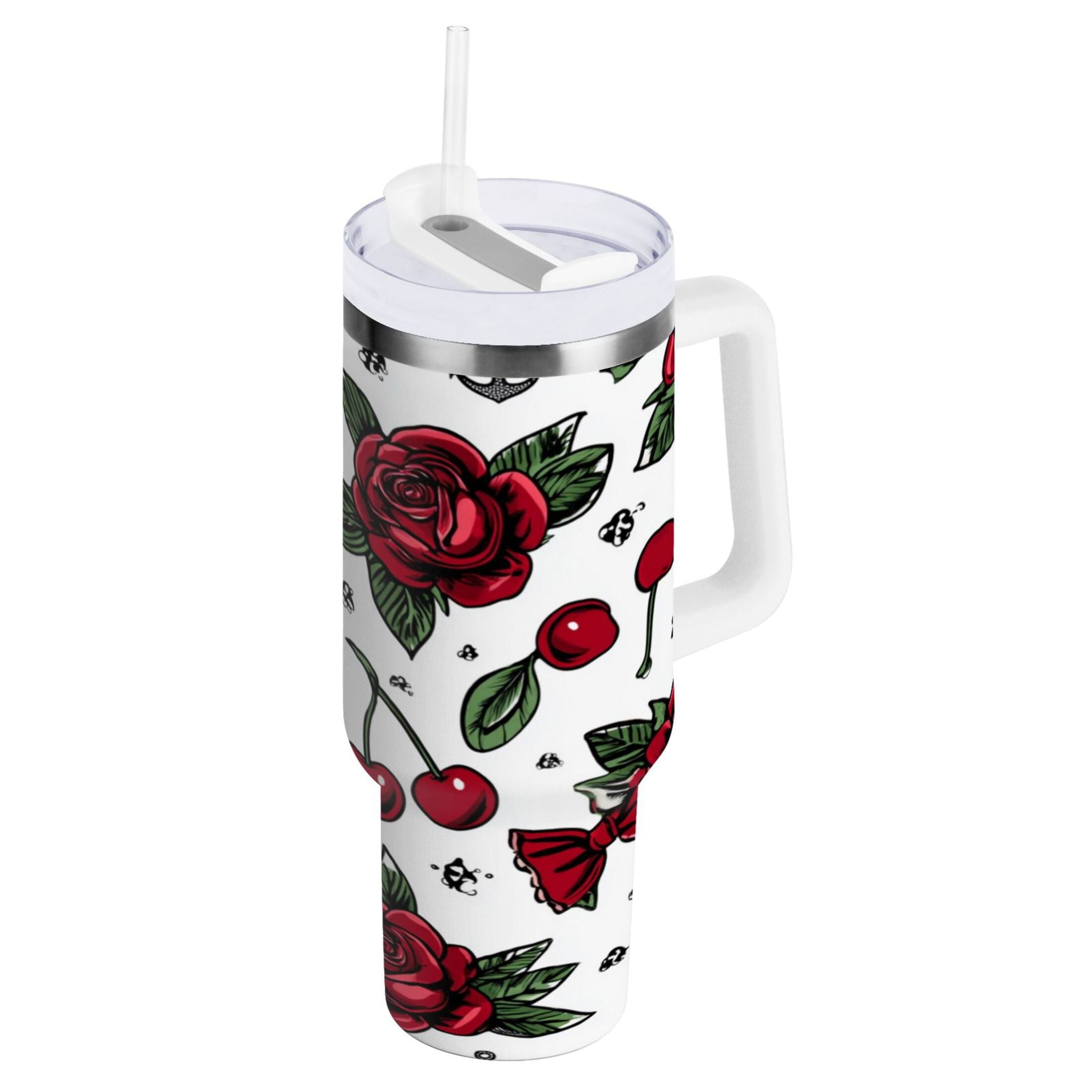 40 oz Insulated Stainless Steel Tumbler Double Wall Stainless Steel Tumbler with 2-Way Drinking Red Roses and Cherries M599Q