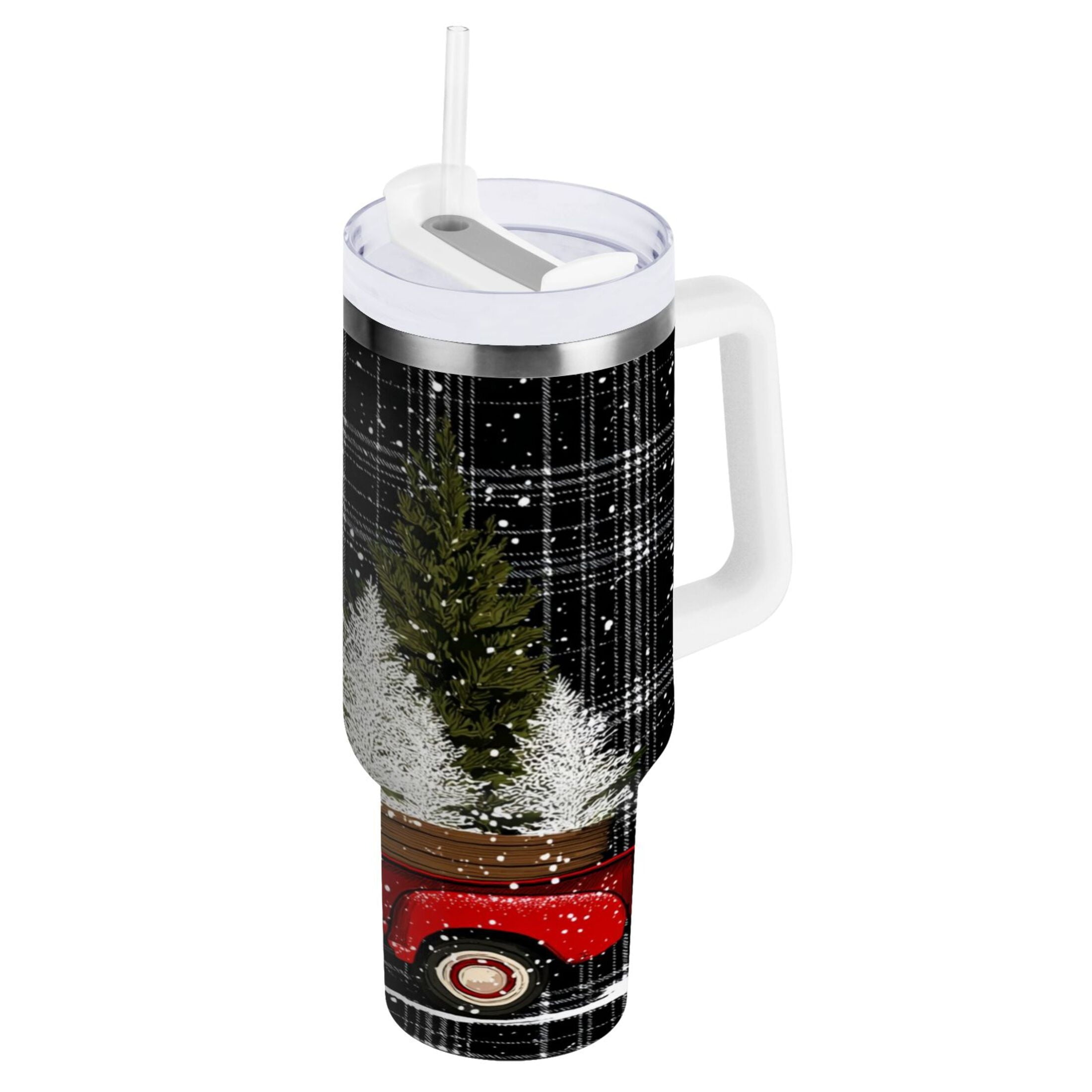 40 oz Insulated Stainless Steel Tumbler Double Wall Stainless Steel Tumbler with 2-Way Drinking Red Truck with Christmas Tree M669K