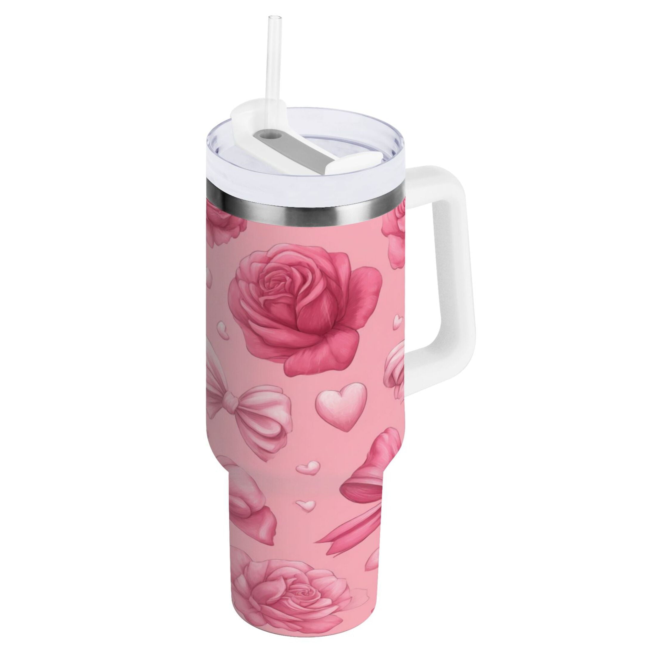 40 oz Insulated Stainless Steel Tumbler Double Wall Stainless Steel Tumbler with 2-Way Drinking Roses and Bows Pattern M661R