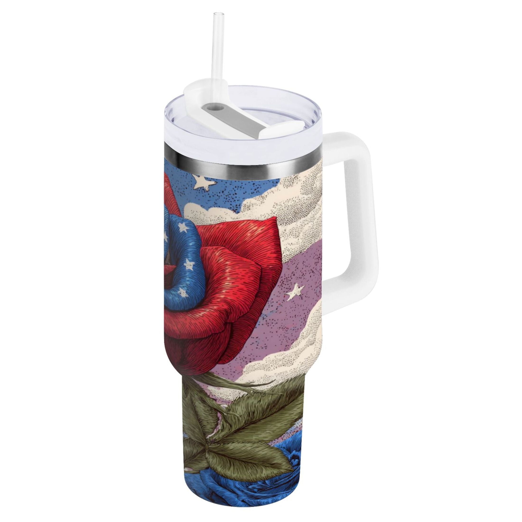 40 oz Insulated Stainless Steel Tumbler Double Wall Stainless Steel Tumbler with 2-Way Drinking Roses and Clouds M523Q