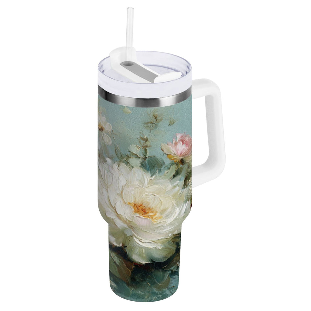 40 oz Insulated Stainless Steel Tumbler Double Wall Stainless Steel Tumbler with 2-Way Drinking Vintage Peonies and Daisies M677V