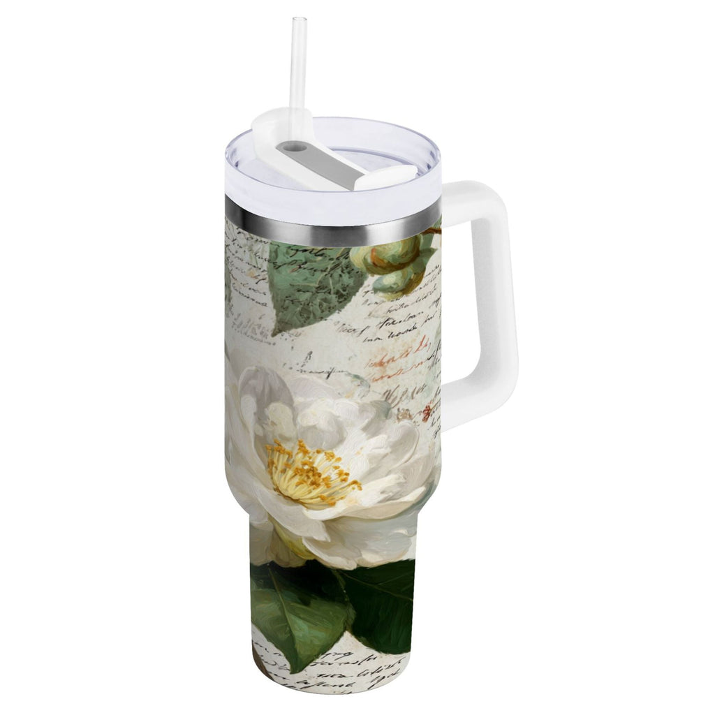 40 oz Insulated Stainless Steel Tumbler Double Wall Stainless Steel Tumbler with 2-Way Drinking Vintage White Camellias M622C