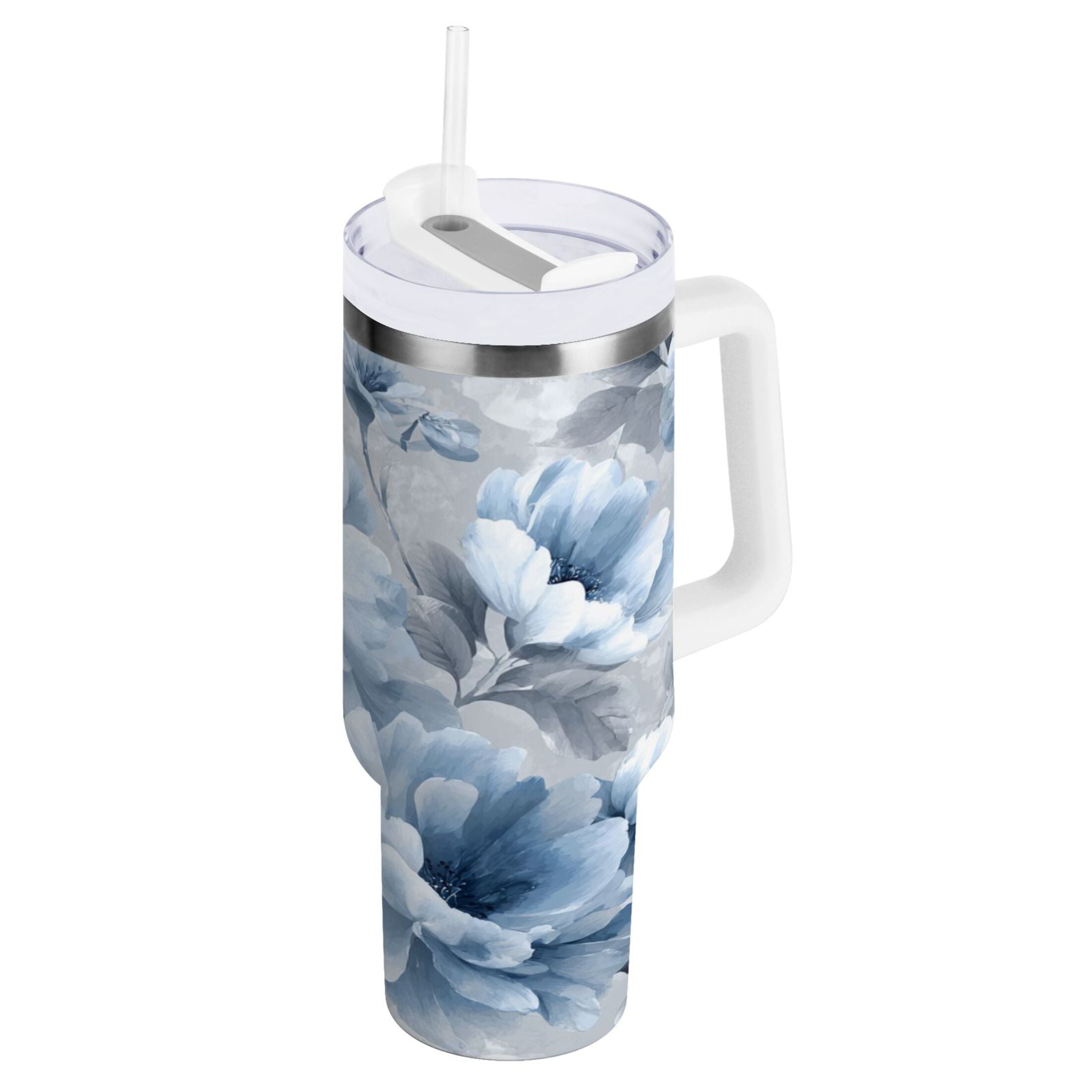 40 oz Insulated Stainless Steel Tumbler Double Wall Stainless Steel Tumbler with 2-Way Drinking White Floral Pattern M584Y