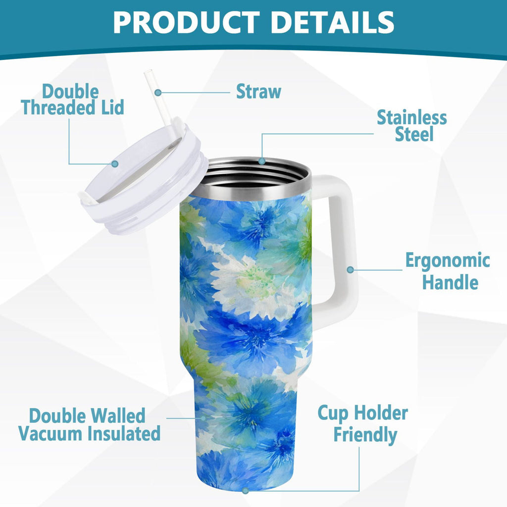 40 oz Insulated Stainless Steel Tumbler Double Wall Stainless Steel Tumbler with 2-Way Drinking Watercolor Blue Cornflowers M567K