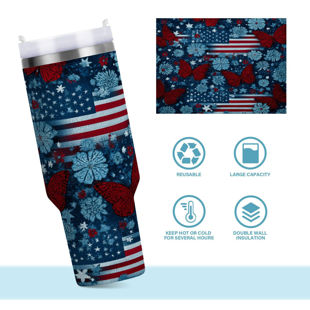 30 oz Insulated Stainless Steel Tumbler Double Wall Stainless Steel Tumbler with 2-Way Drinking Red Butterflies and Flags M621C