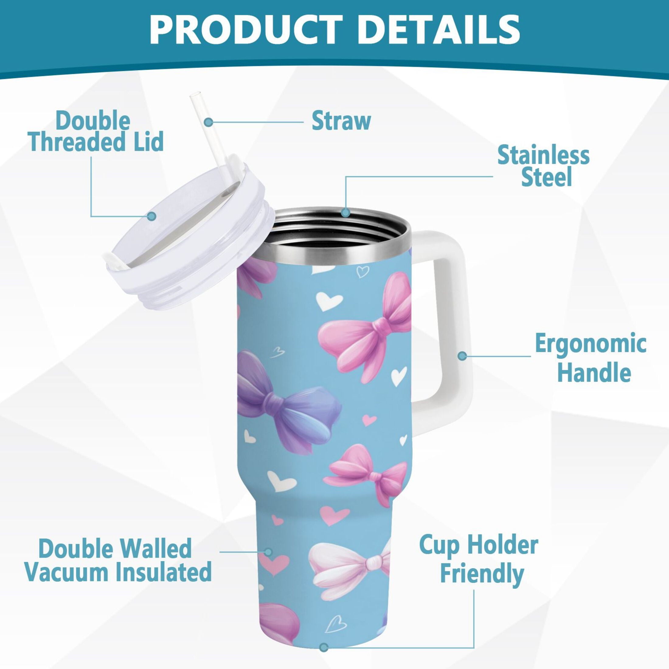 30 oz Insulated Stainless Steel Tumbler Double Wall Stainless Steel Tumbler with 2-Way Drinking Pink and Purple Bows M526E