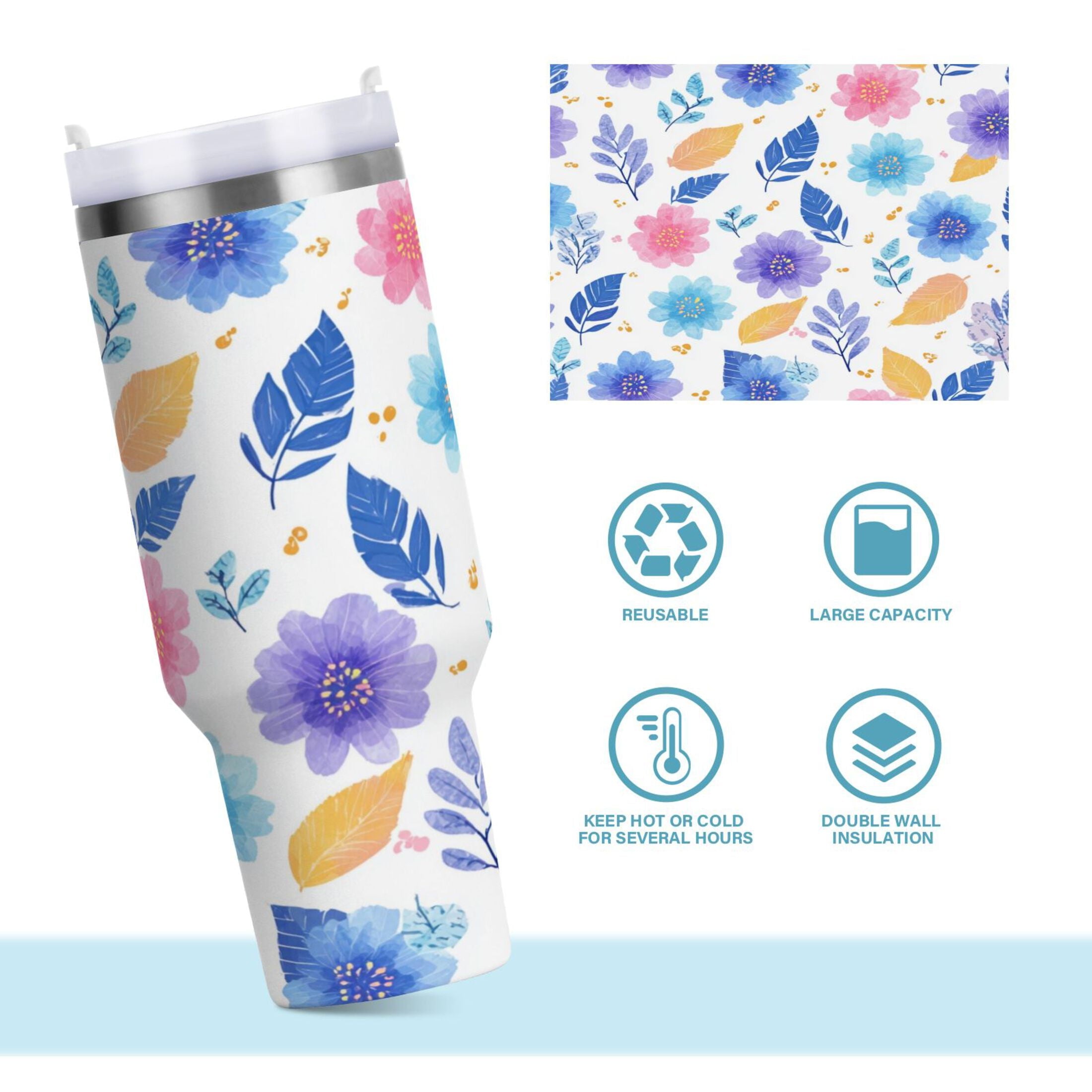 30 oz Insulated Stainless Steel Tumbler Double Wall Stainless Steel Tumbler with 2-Way Drinking Blue and Purple Flowers M522K