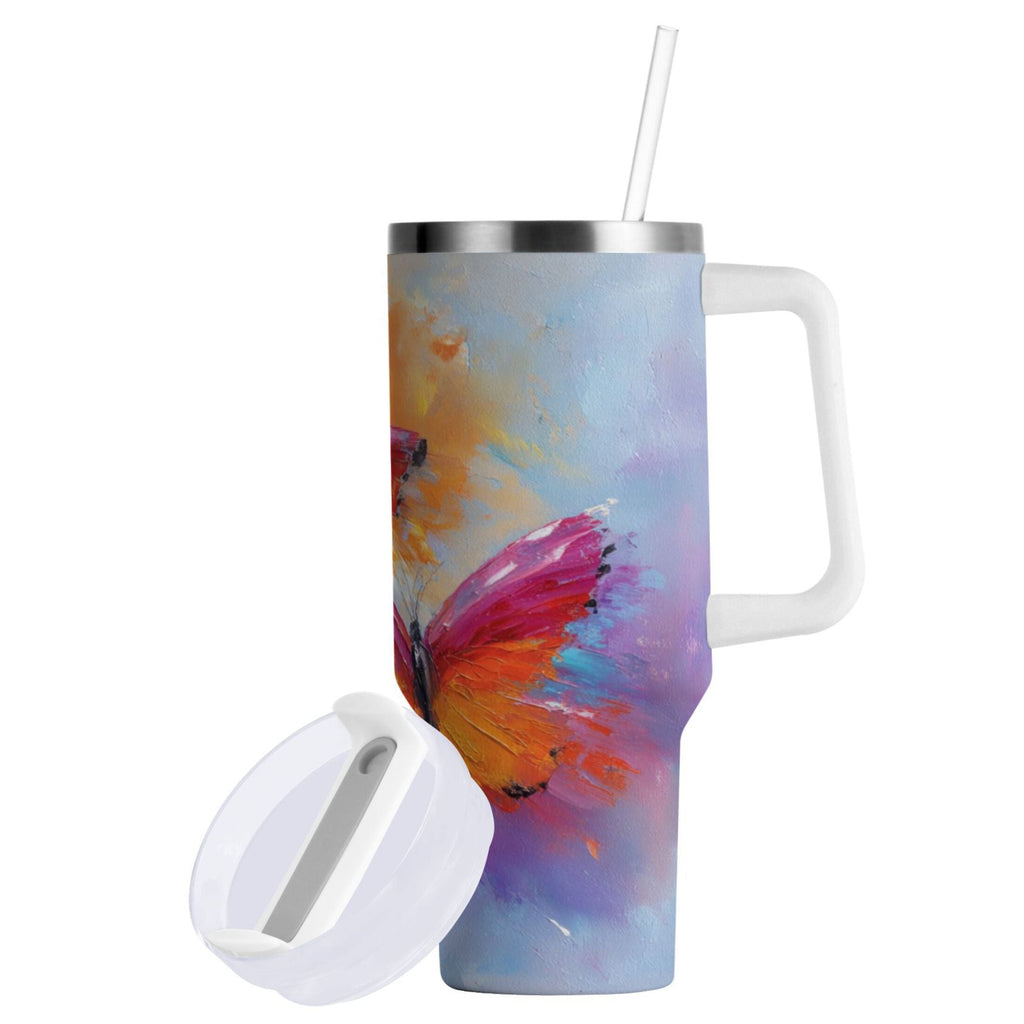 30 oz Insulated Stainless Steel Tumbler Double Wall Stainless Steel Tumbler with 2-Way Drinking Red and Orange Butterflies M467Z