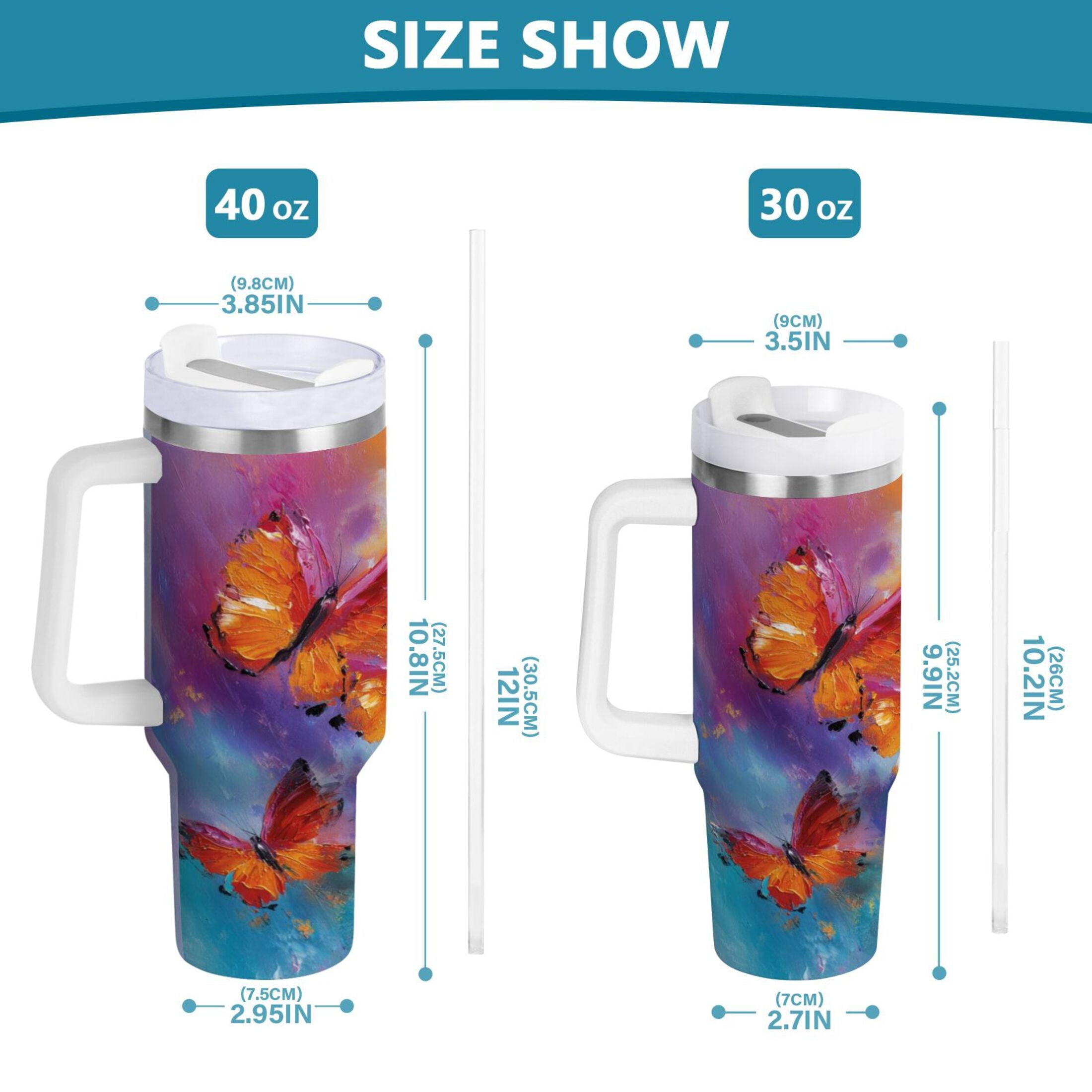 30 oz Insulated Stainless Steel Tumbler Double Wall Stainless Steel Tumbler with 2-Way Drinking Red and Orange Butterflies M467Z