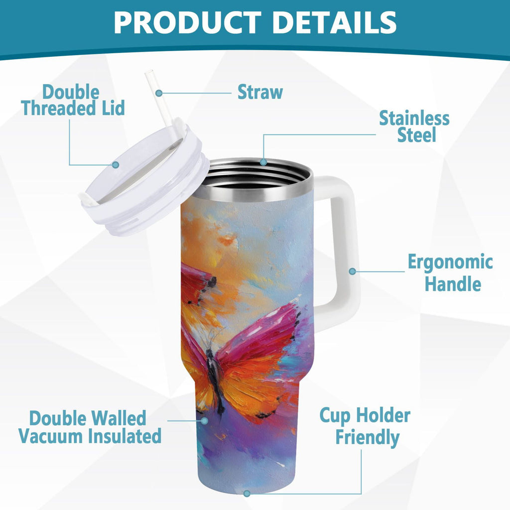 30 oz Insulated Stainless Steel Tumbler Double Wall Stainless Steel Tumbler with 2-Way Drinking Red and Orange Butterflies M467Z