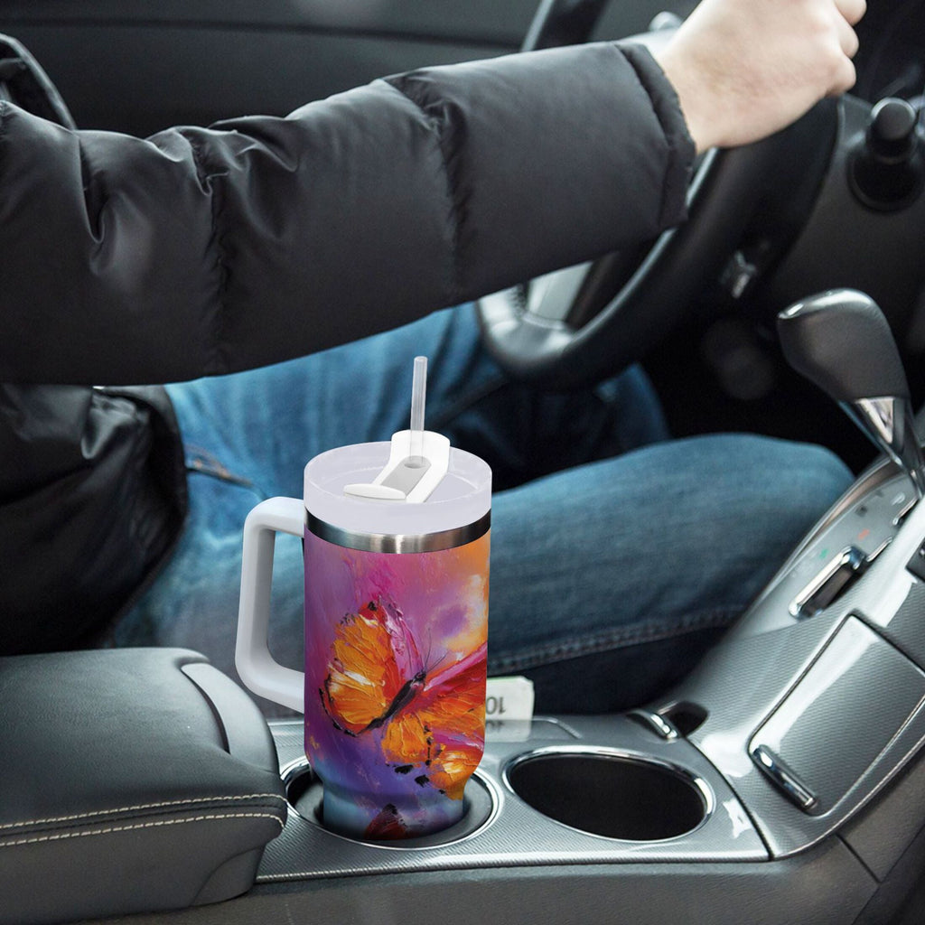 30 oz Insulated Stainless Steel Tumbler Double Wall Stainless Steel Tumbler with 2-Way Drinking Red and Orange Butterflies M467Z