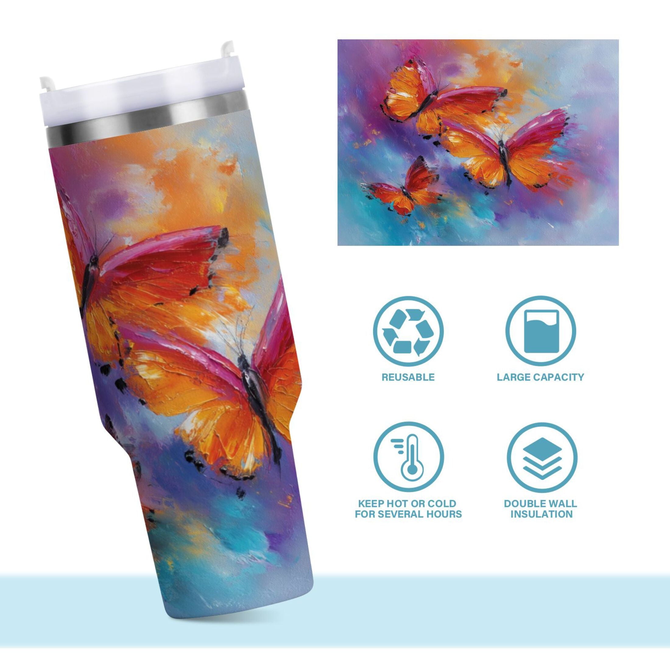 30 oz Insulated Stainless Steel Tumbler Double Wall Stainless Steel Tumbler with 2-Way Drinking Red and Orange Butterflies M467Z