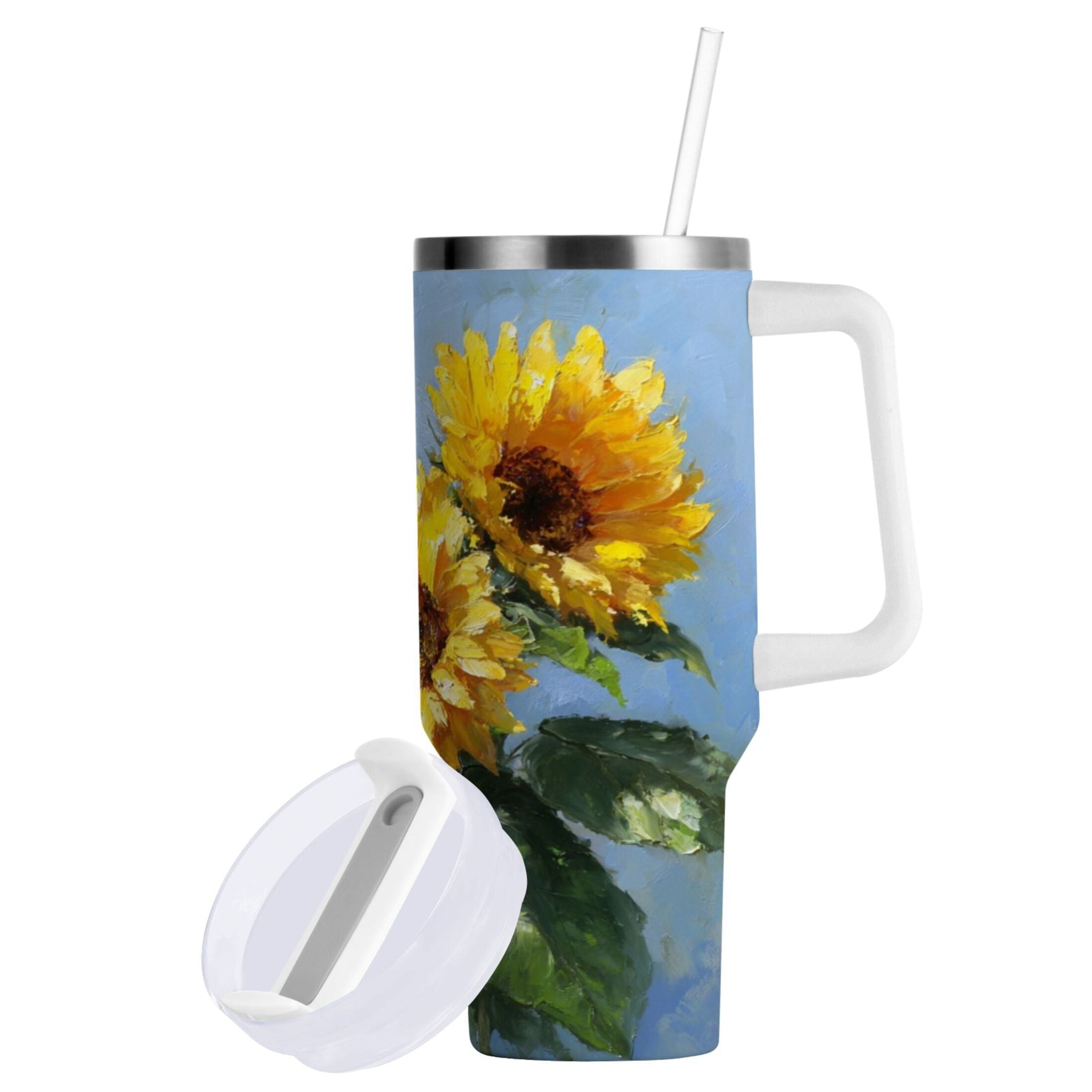 40 oz Insulated Stainless Steel Tumbler Double Wall Stainless Steel Tumbler with 2-Way Drinking Sunflowers Painting M611V