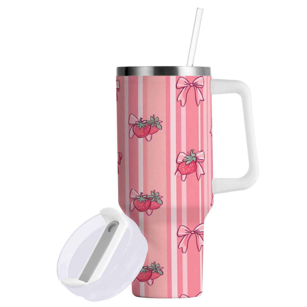 30 oz Insulated Stainless Steel Tumbler Double Wall Stainless Steel Tumbler with 2-Way Drinking Pink Bows and Strawberries M628H