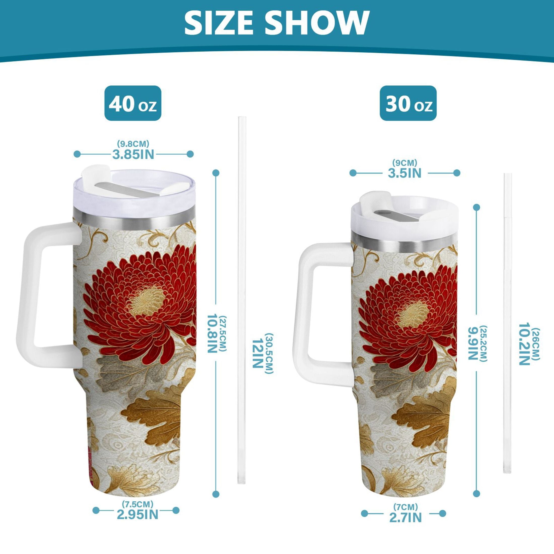 30 oz Insulated Stainless Steel Tumbler Double Wall Stainless Steel Tumbler with 2-Way Drinking Red Chrysanthemum Pattern M676U