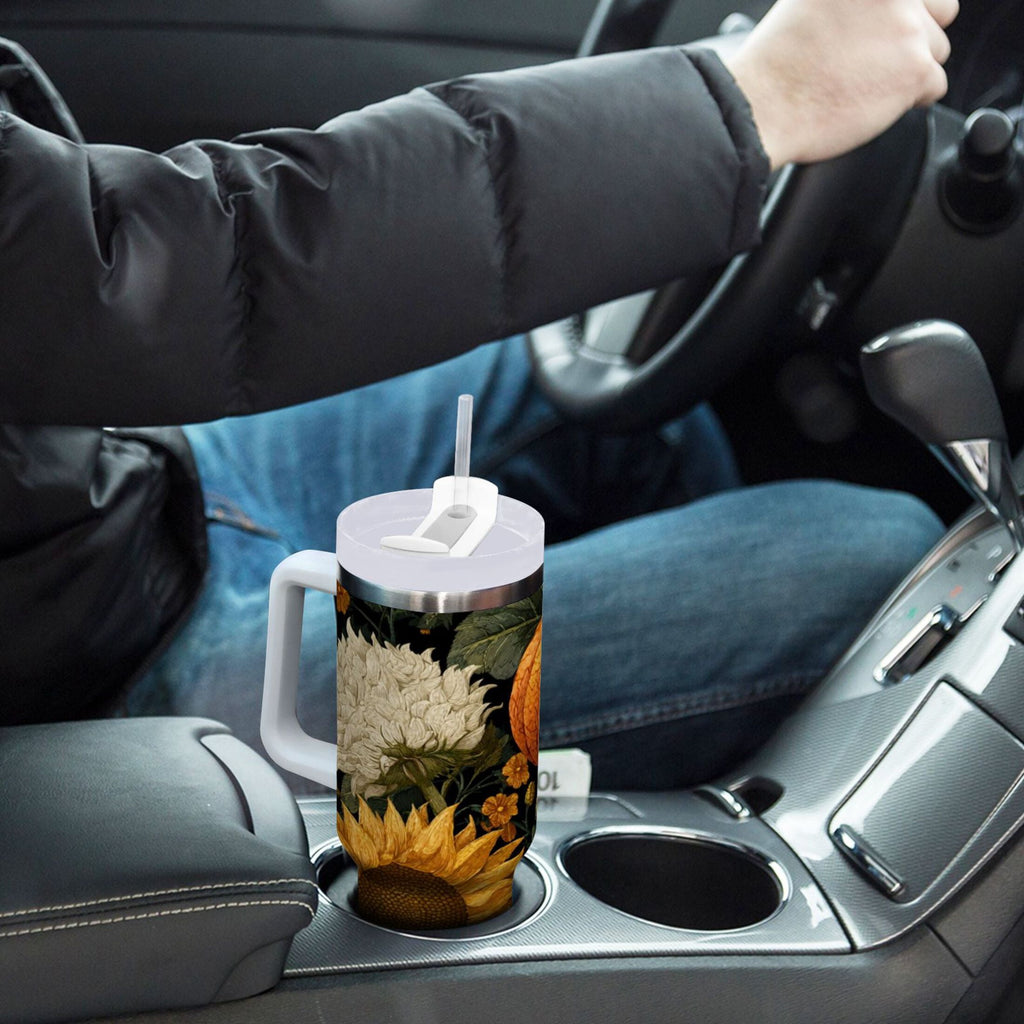 40 oz Insulated Stainless Steel Tumbler Double Wall Stainless Steel Tumbler with 2-Way Drinking Pumpkins and Sunflowers Pattern M560Y