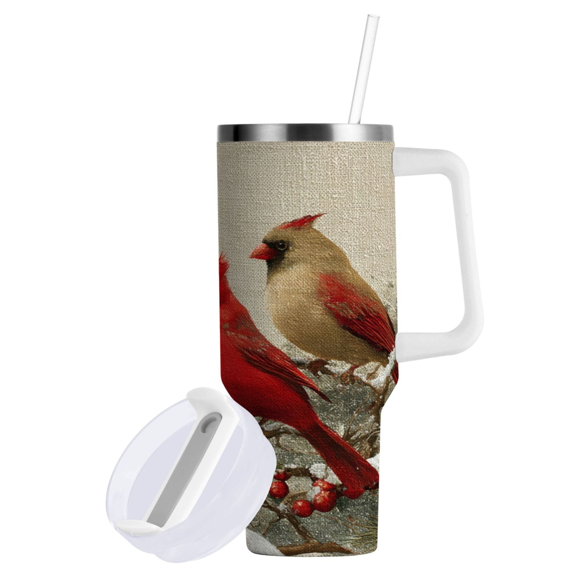 30 oz Insulated Stainless Steel Tumbler Double Wall Stainless Steel Tumbler with 2-Way Drinking Bird and Snow-covered Trees M615U