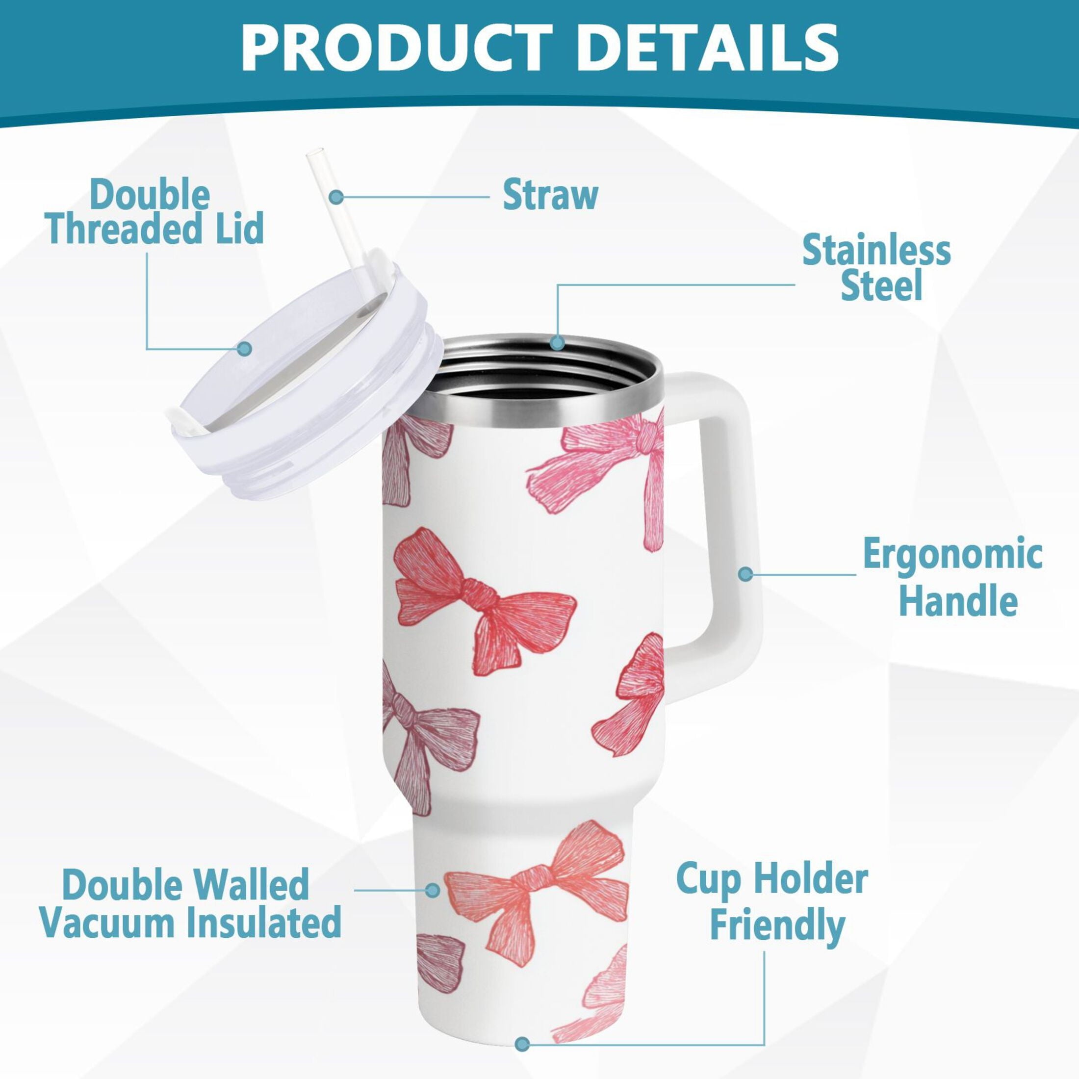 40 oz Insulated Stainless Steel Tumbler Double Wall Stainless Steel Tumbler with 2-Way Drinking Pink Bows Pattern M570V