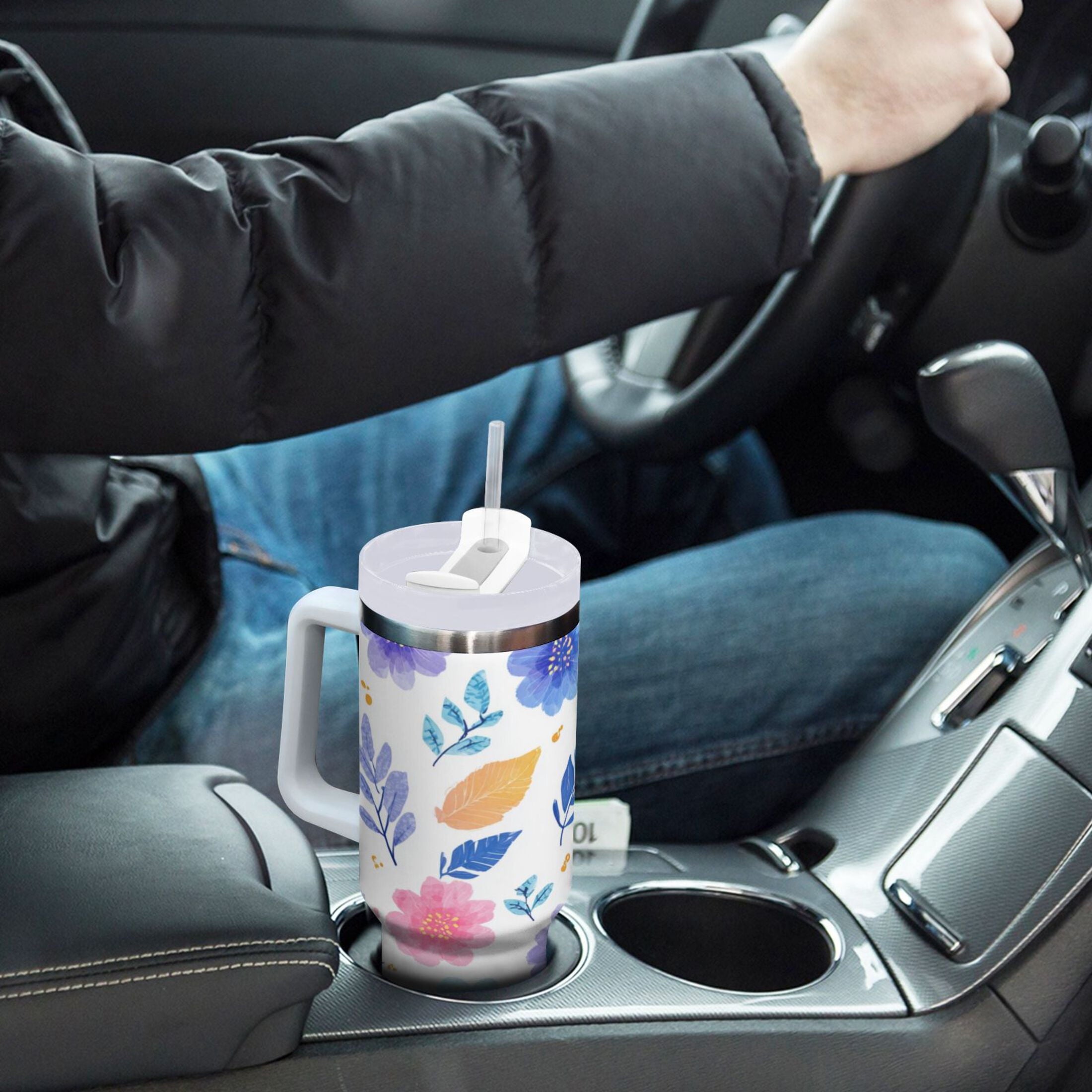 30 oz Insulated Stainless Steel Tumbler Double Wall Stainless Steel Tumbler with 2-Way Drinking Blue and Purple Flowers M522K
