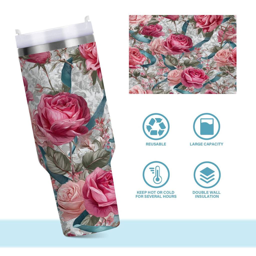 30 oz Insulated Stainless Steel Tumbler Double Wall Stainless Steel Tumbler with 2-Way Drinking Roses and Ribbons M675E