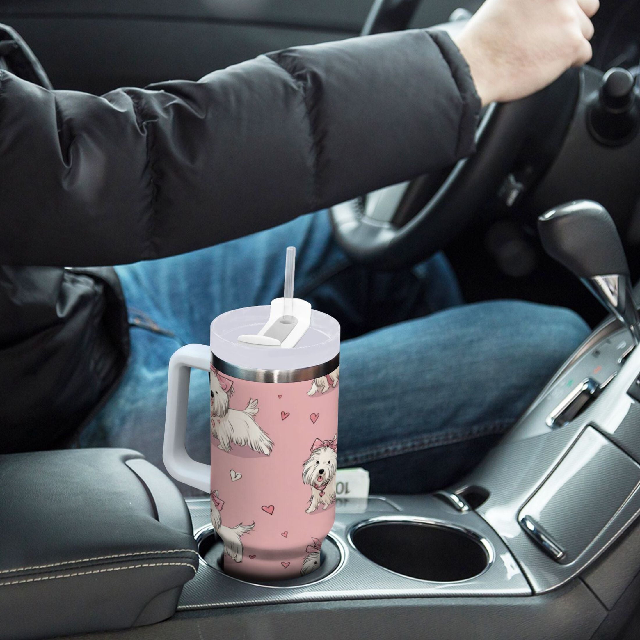 30 oz Insulated Stainless Steel Tumbler Double Wall Stainless Steel Tumbler with 2-Way Drinking Dogs Wearing Bows M659W
