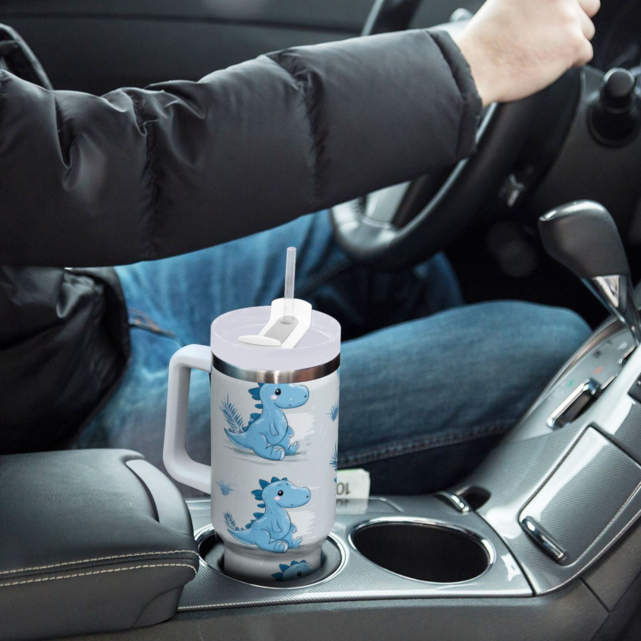 30 oz Insulated Stainless Steel Tumbler Double Wall Stainless Steel Tumbler with 2-Way Drinking Cartoon Blue Dinosaurs M495M