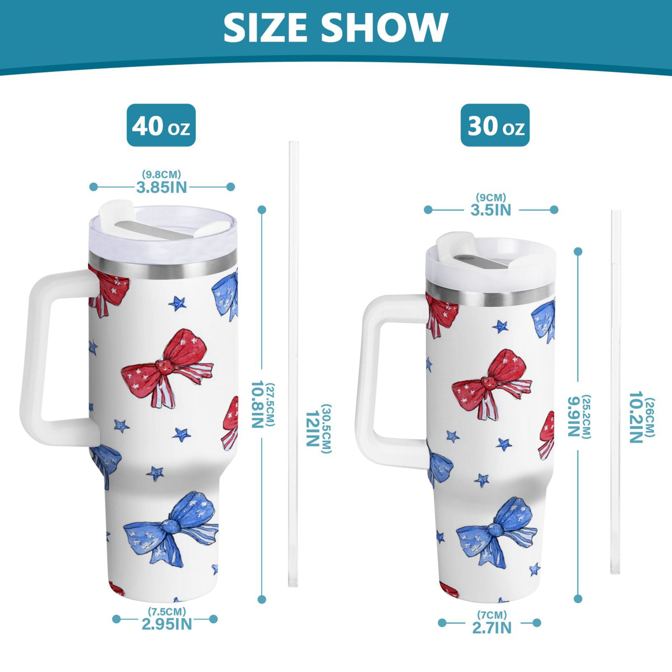 40 oz Insulated Stainless Steel Tumbler Double Wall Stainless Steel Tumbler with 2-Way Drinking Hand-drawn Bows M587S