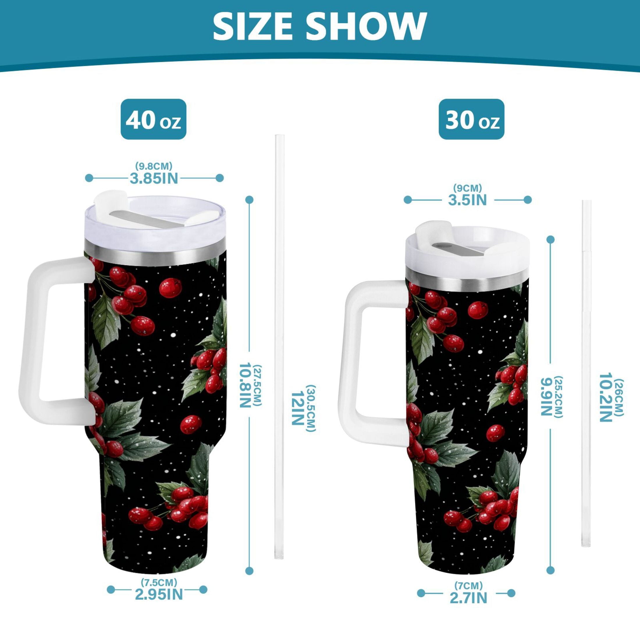 40 oz Insulated Stainless Steel Tumbler Double Wall Stainless Steel Tumbler with 2-Way Drinking Red Holly Berries Pattern M652M