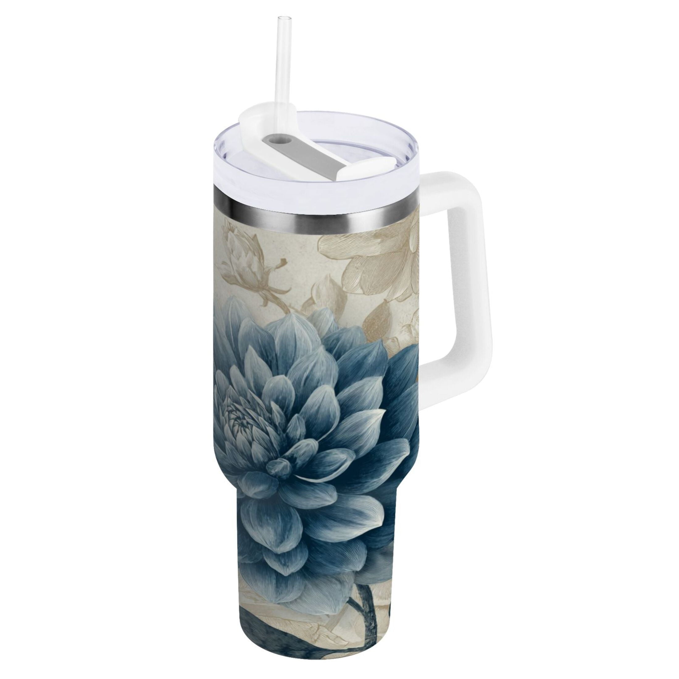 40 oz Insulated Stainless Steel Tumbler Double Wall Stainless Steel Tumbler with 2-Way Drinking Blue Flower with Butterflies M462X