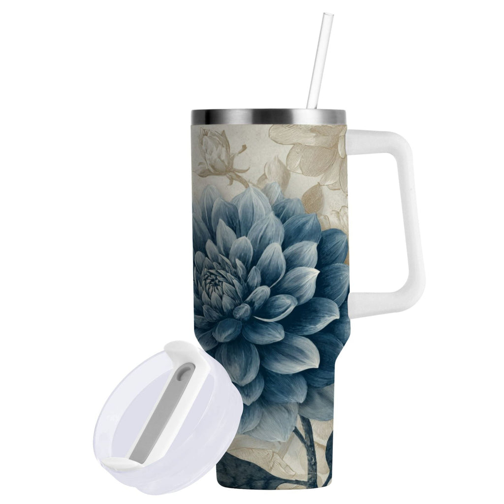 40 oz Insulated Stainless Steel Tumbler Double Wall Stainless Steel Tumbler with 2-Way Drinking Blue Flower with Butterflies M462X