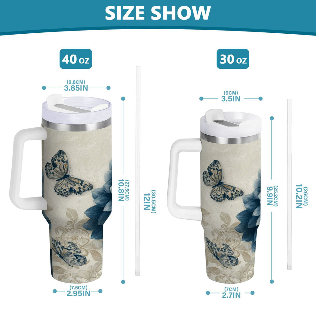 40 oz Insulated Stainless Steel Tumbler Double Wall Stainless Steel Tumbler with 2-Way Drinking Blue Flower with Butterflies M462X