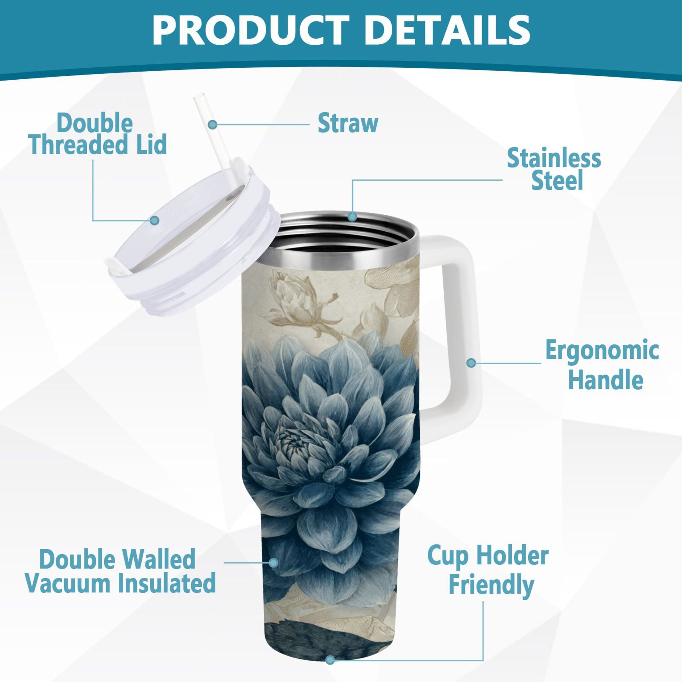 40 oz Insulated Stainless Steel Tumbler Double Wall Stainless Steel Tumbler with 2-Way Drinking Blue Flower with Butterflies M462X