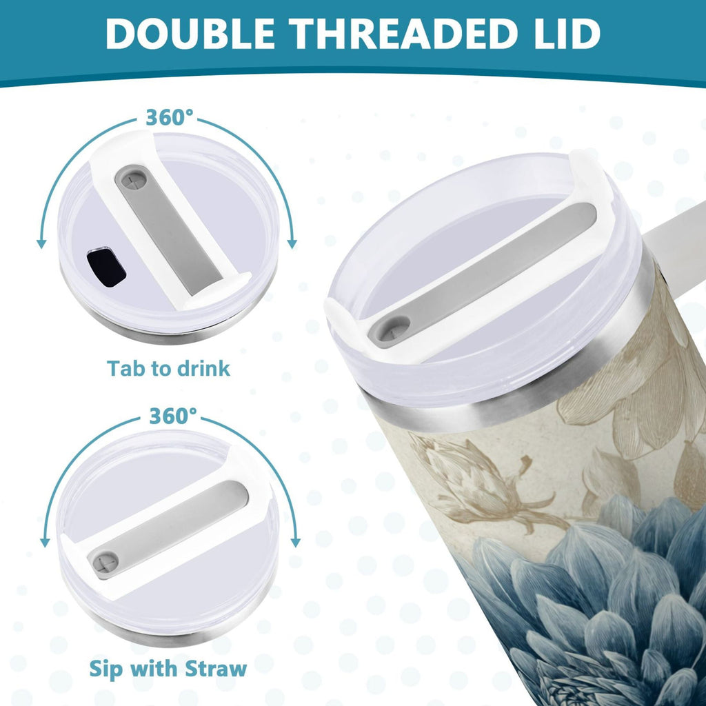 40 oz Insulated Stainless Steel Tumbler Double Wall Stainless Steel Tumbler with 2-Way Drinking Blue Flower with Butterflies M462X