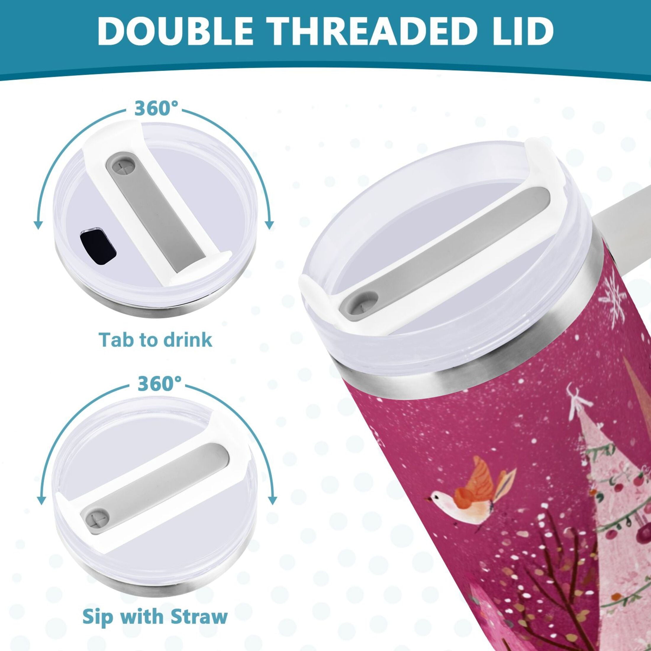 40 oz Insulated Stainless Steel Tumbler Double Wall Stainless Steel Tumbler with 2-Way Drinking Pink Christmas Forest M512P