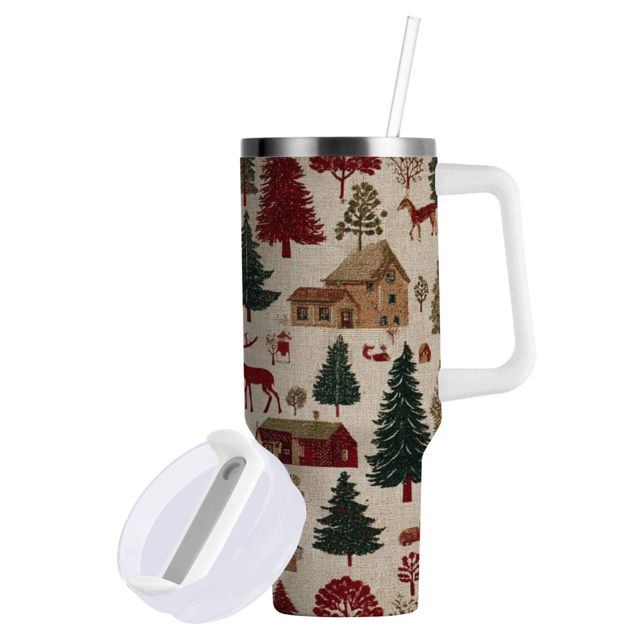 30 oz Insulated Stainless Steel Tumbler Double Wall Stainless Steel Tumbler with 2-Way Drinking Christmas Trees Deer and Houses M577F