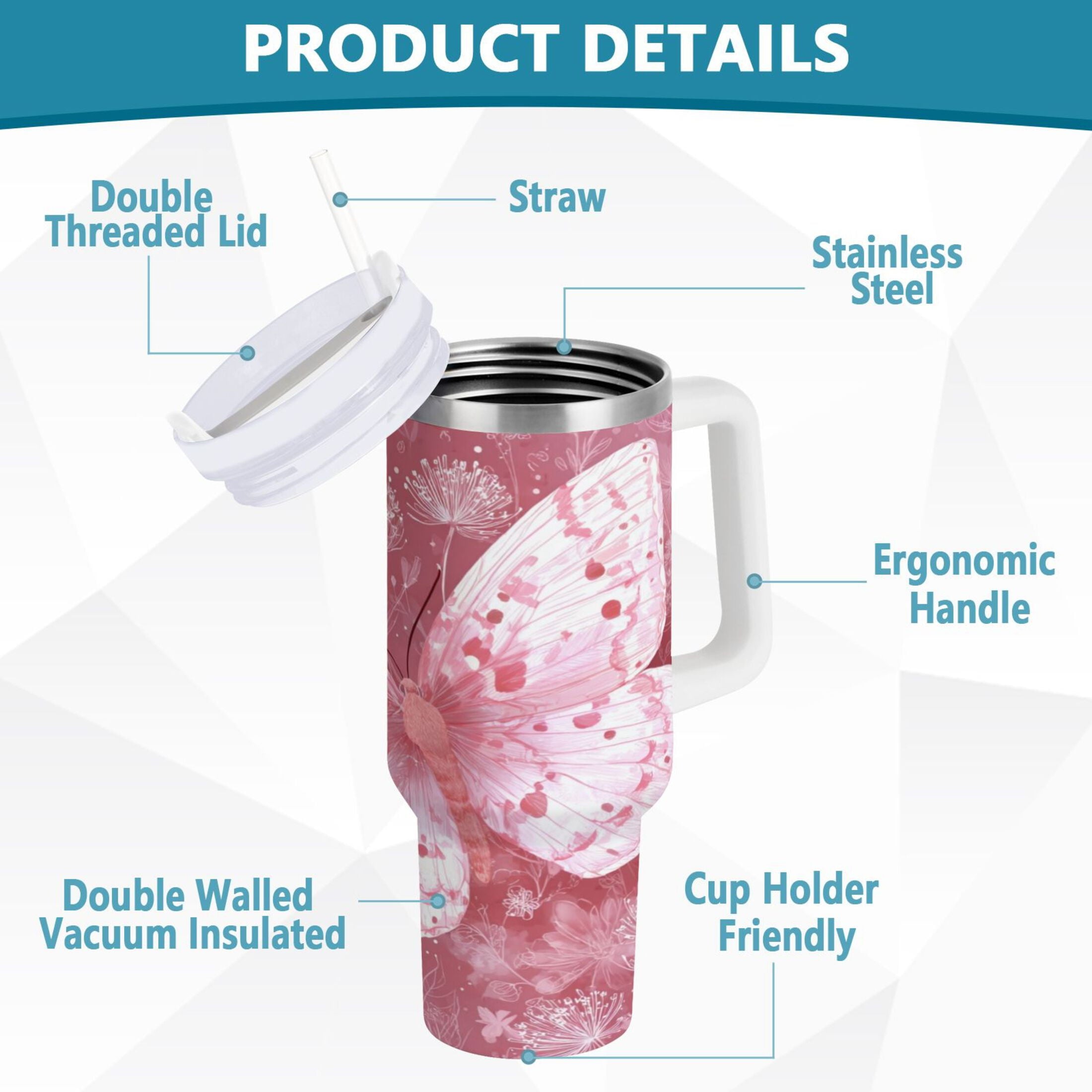 30 oz Insulated Stainless Steel Tumbler Double Wall Stainless Steel Tumbler with 2-Way Drinking Soft Pink Butterfly M561T