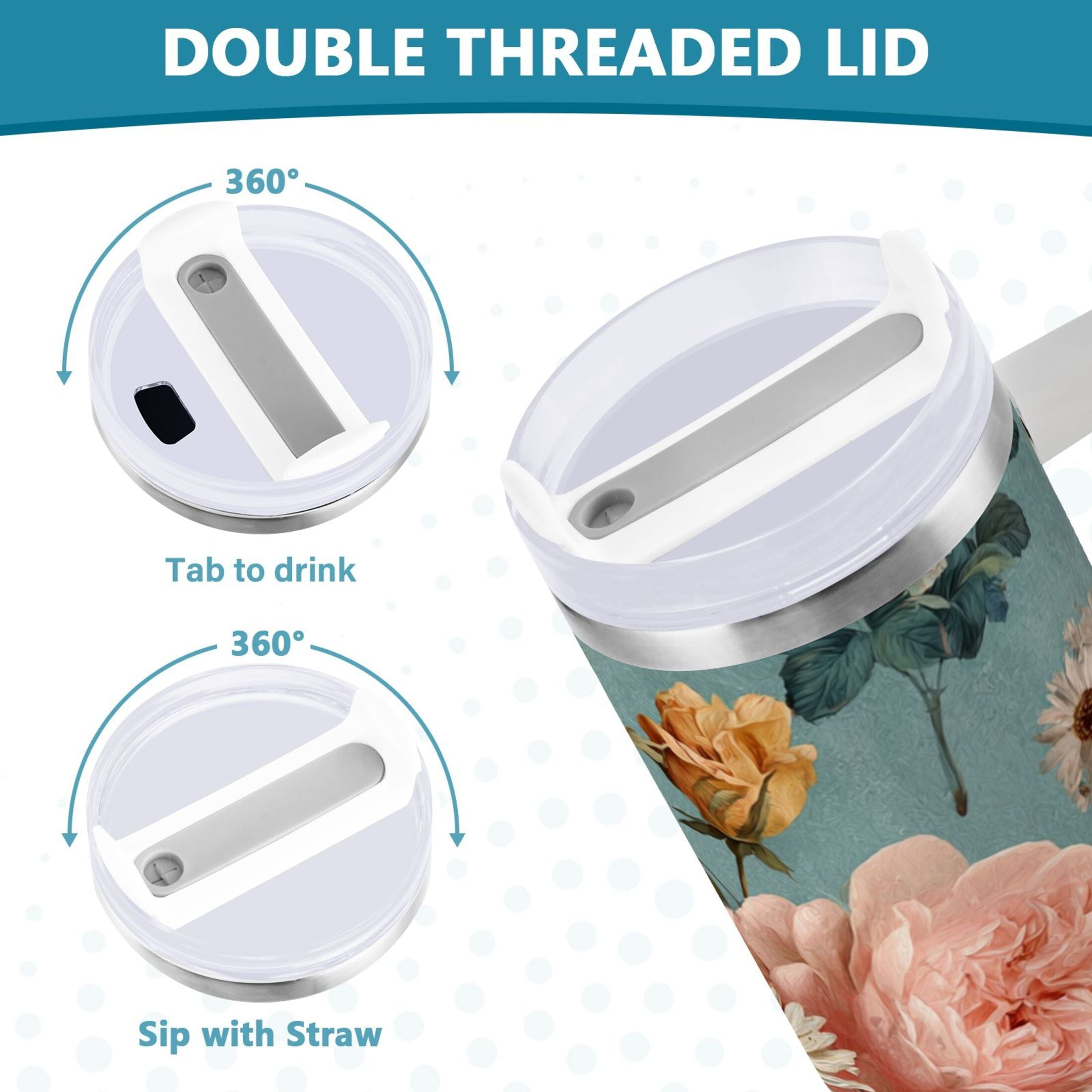 30 oz Insulated Stainless Steel Tumbler Double Wall Stainless Steel Tumbler with 2-Way Drinking Vintage Roses and Peonies M667B