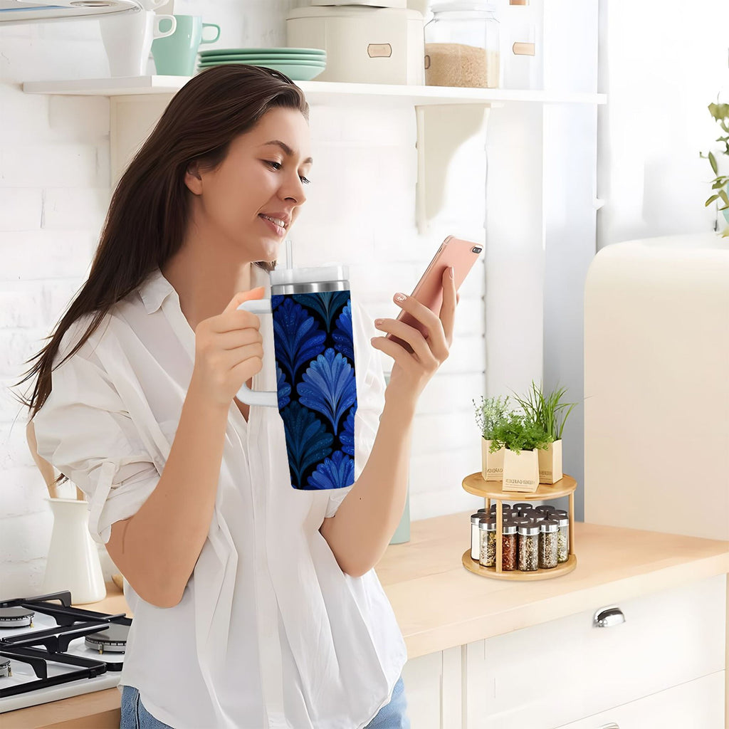30 oz Insulated Stainless Steel Tumbler Double Wall Stainless Steel Tumbler with 2-Way Drinking Blue Batik Leaves Pattern M525M