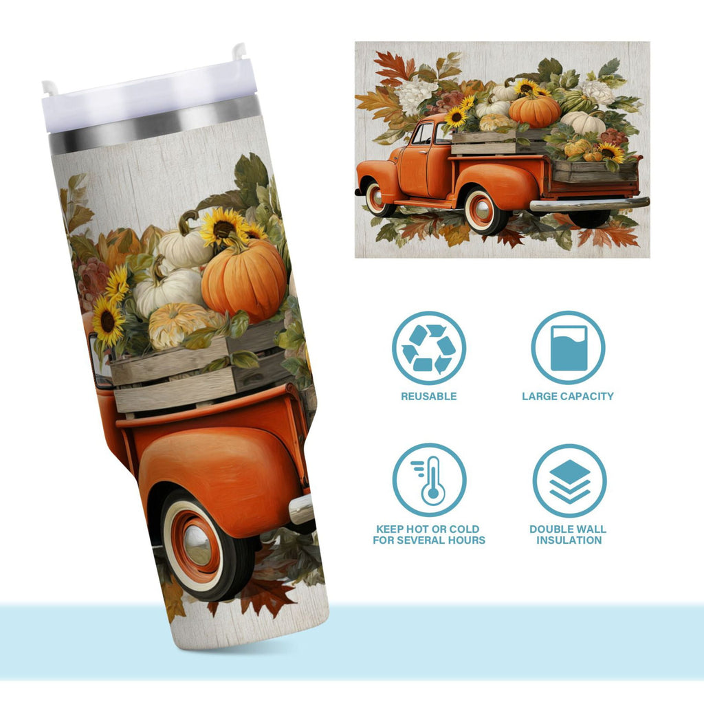 40 oz Insulated Stainless Steel Tumbler Double Wall Stainless Steel Tumbler with 2-Way Drinking Truck Full Of Pumpkins M650K