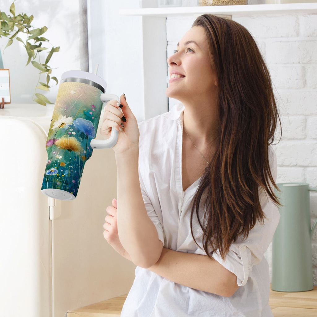 30 oz Insulated Stainless Steel Tumbler Double Wall Stainless Steel Tumbler with 2-Way Drinking Watercolor Wildflowers M563G