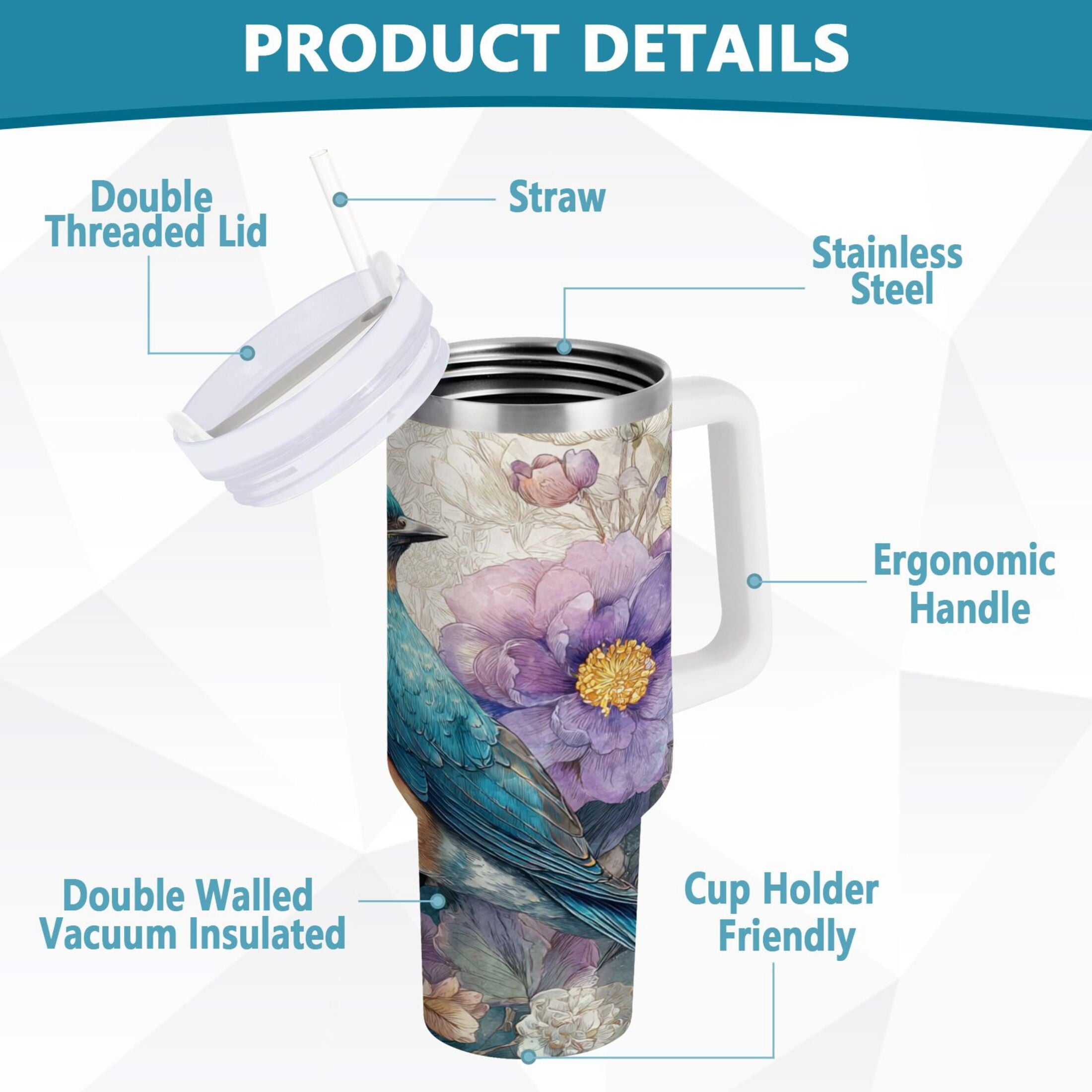 30 oz Insulated Stainless Steel Tumbler Double Wall Stainless Steel Tumbler with 2-Way Drinking Bluebird and Flower M538S
