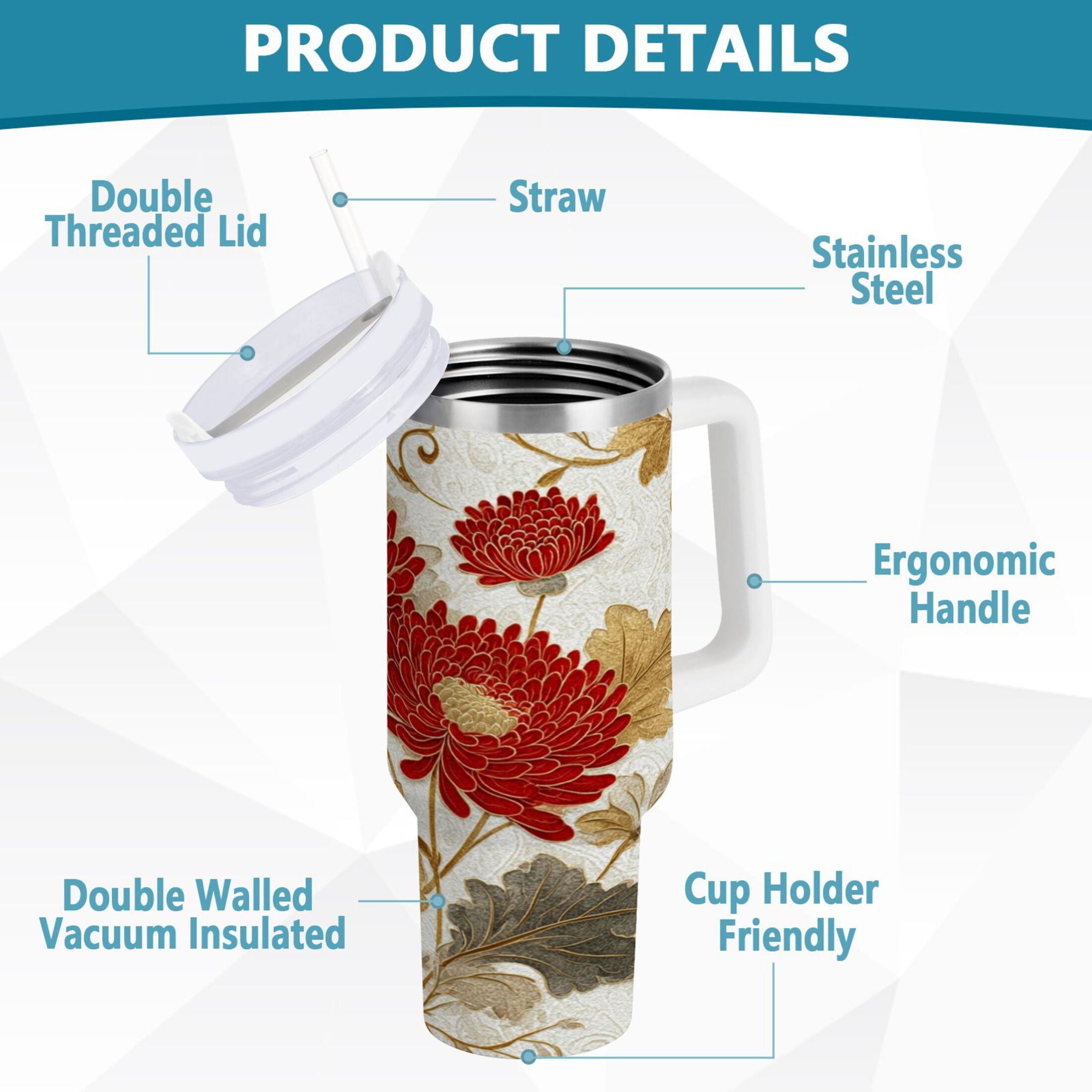 30 oz Insulated Stainless Steel Tumbler Double Wall Stainless Steel Tumbler with 2-Way Drinking Red Chrysanthemum Pattern M676U